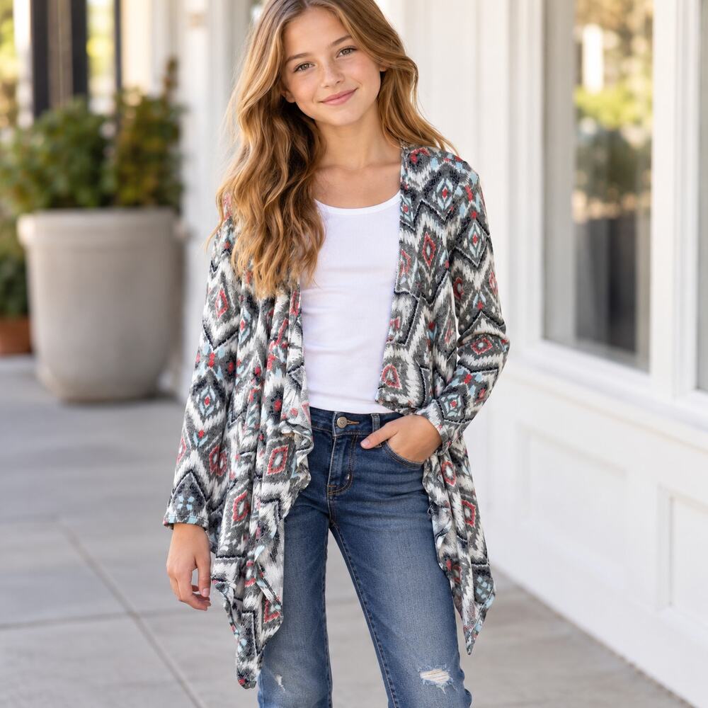 Justice Girls Aztec Geometric Print Open Front Cardigan Gray Size 12 Boho West